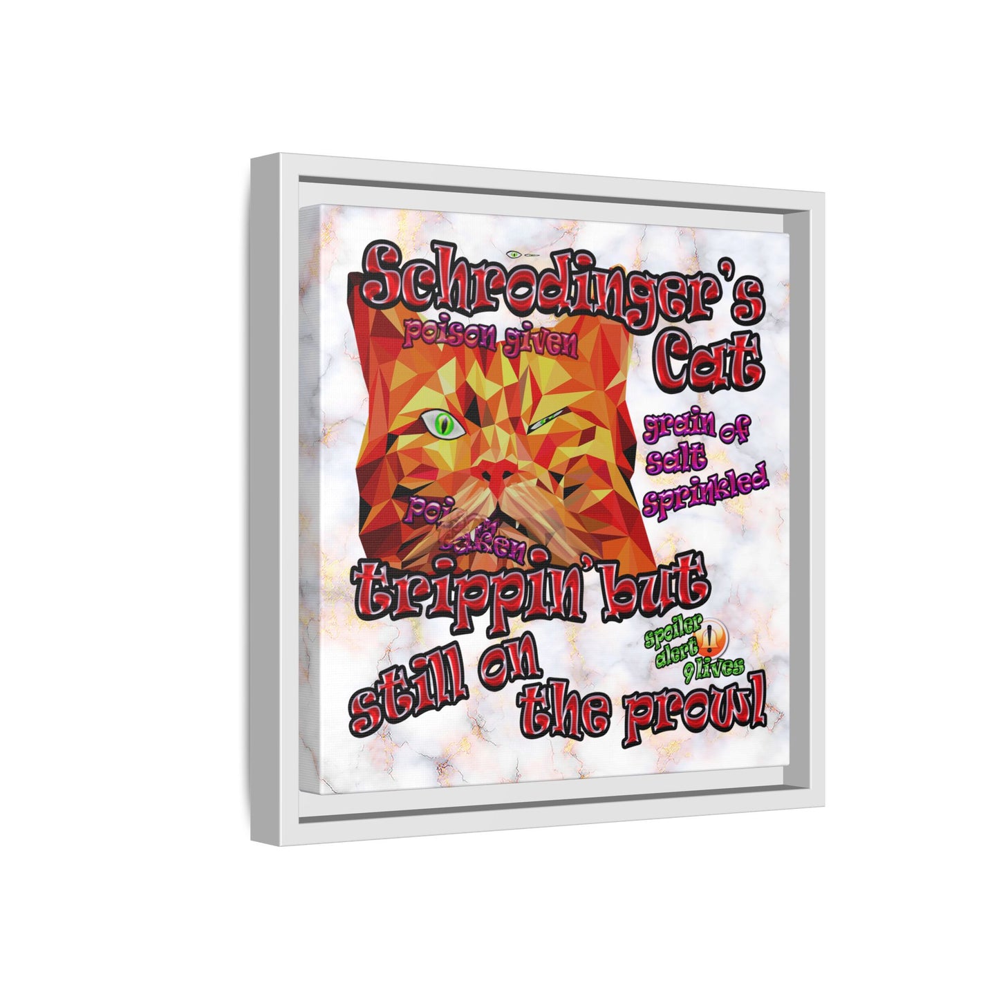 schrodinger's cat - framed canvas art (white marble)