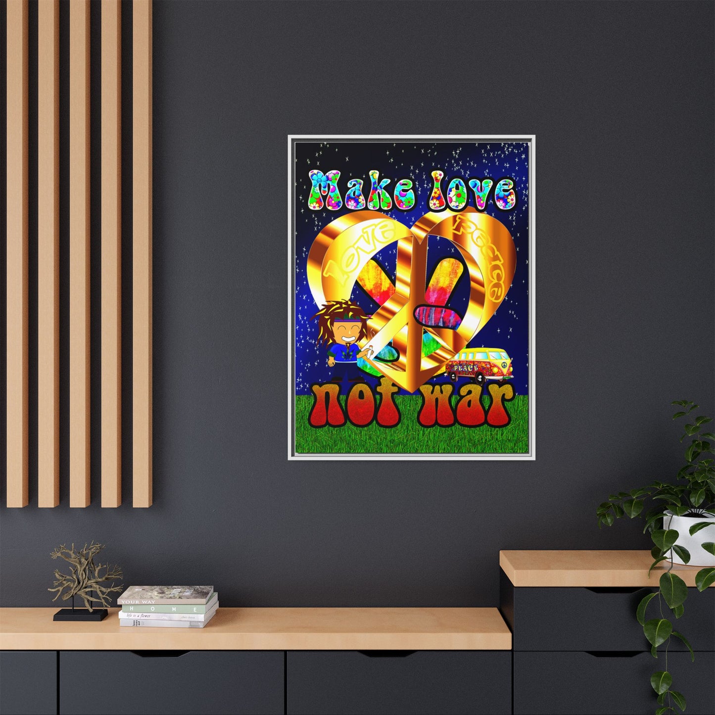 love peace - framed canvas art ('snoops' background)