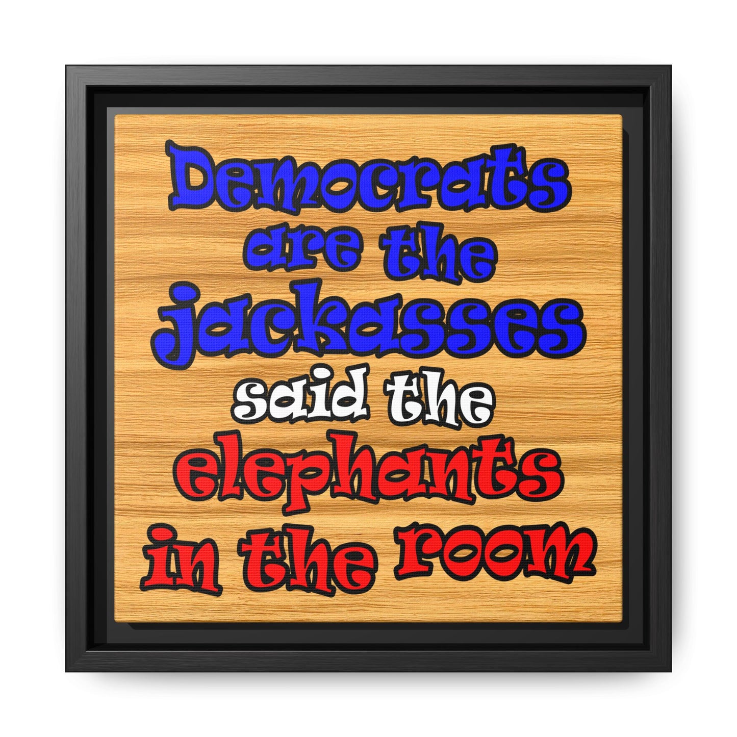 donkeys and elephants - framed canvas art (butterscotch wood finish)