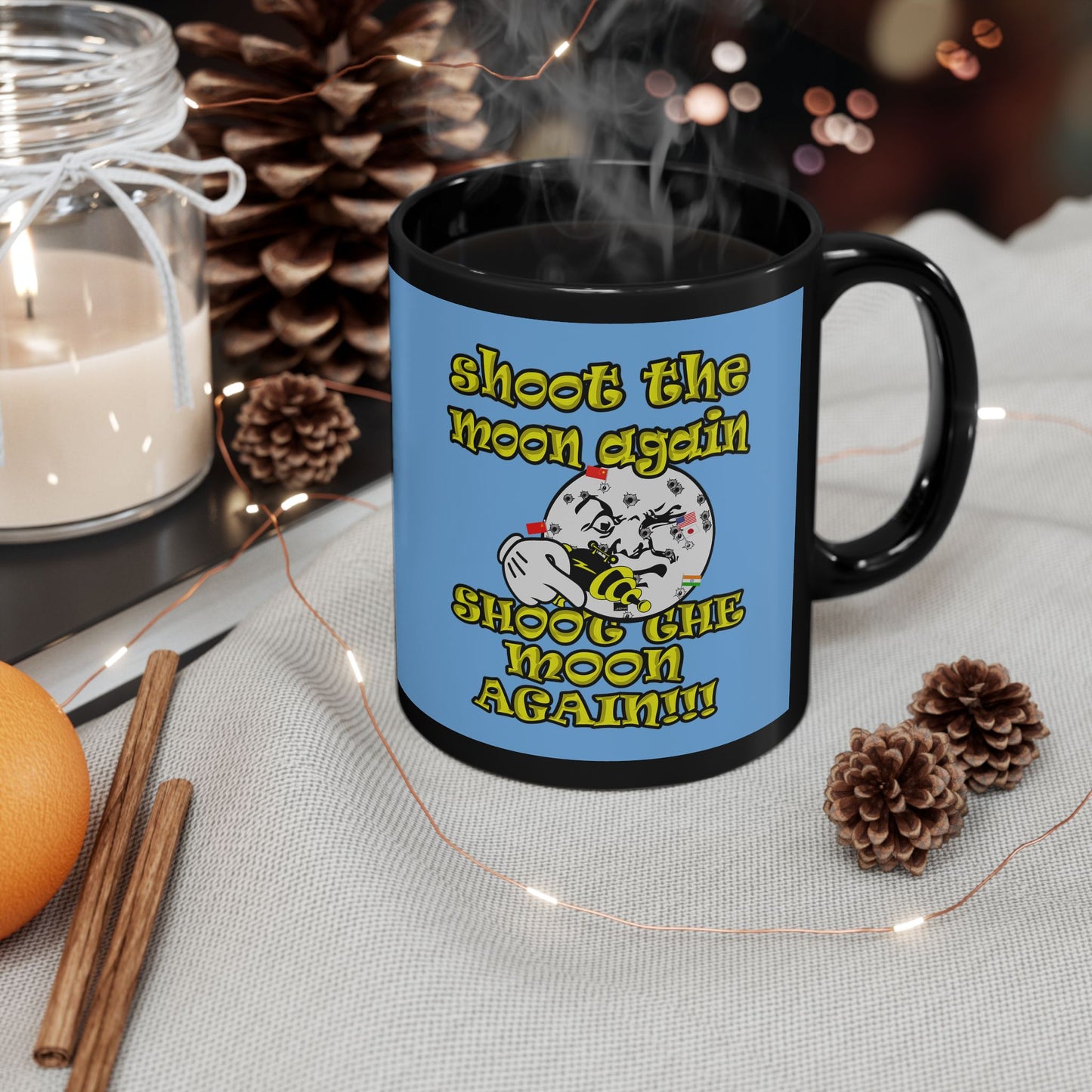shoot the moon again - Black Mug (light blue)