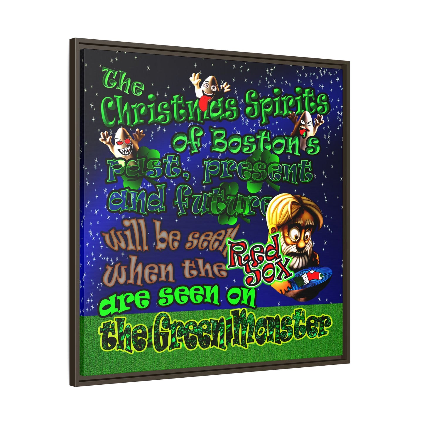christmas spirits of boston - framed canvas art ('snoops' background)