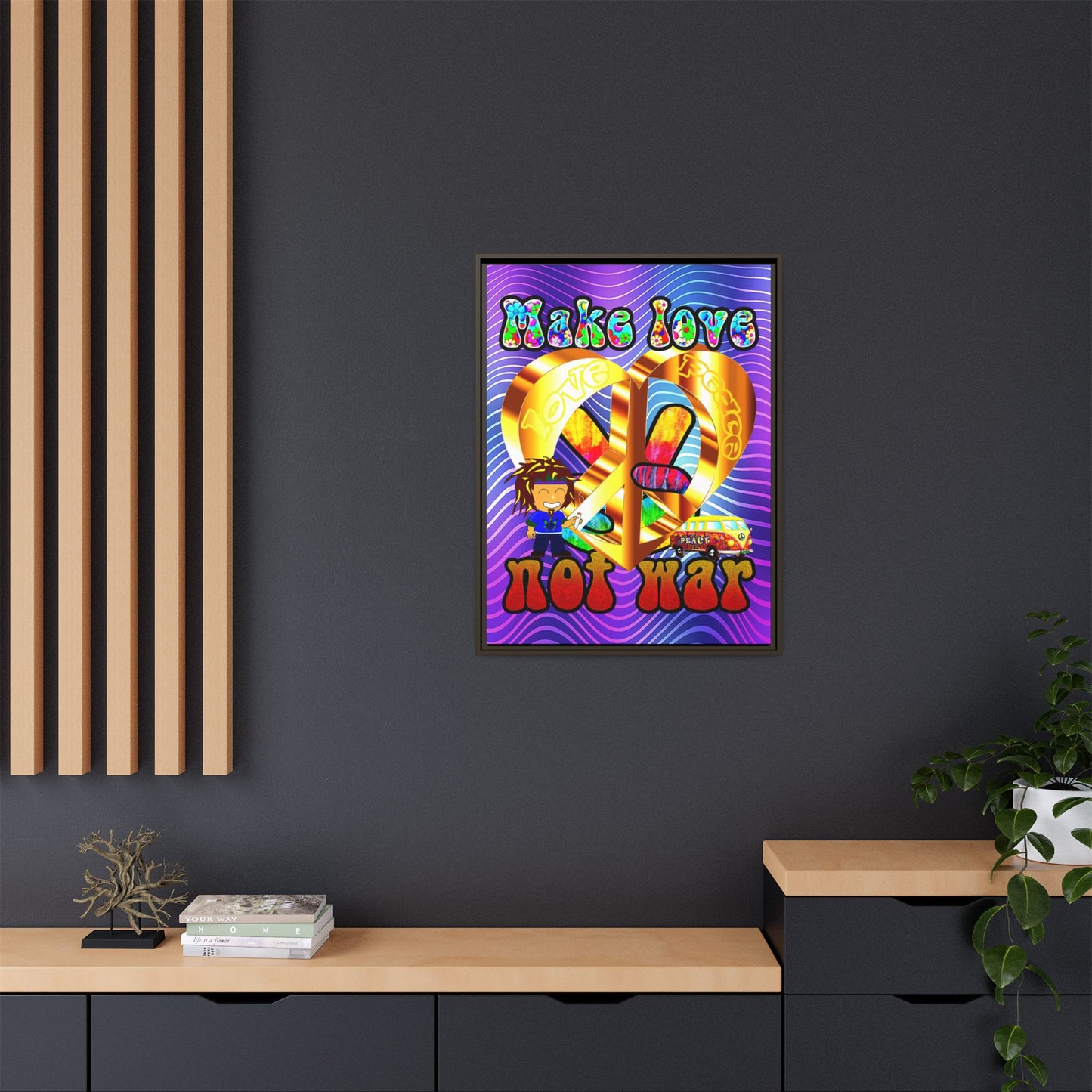 love peace - framed canvas art (purple wave)