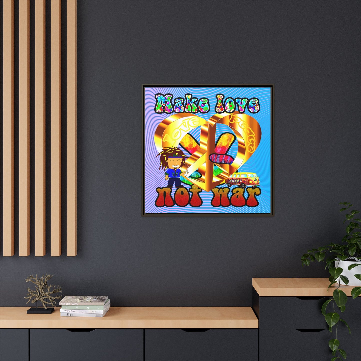 love peace - framed canvas art (light blue-purple wave)