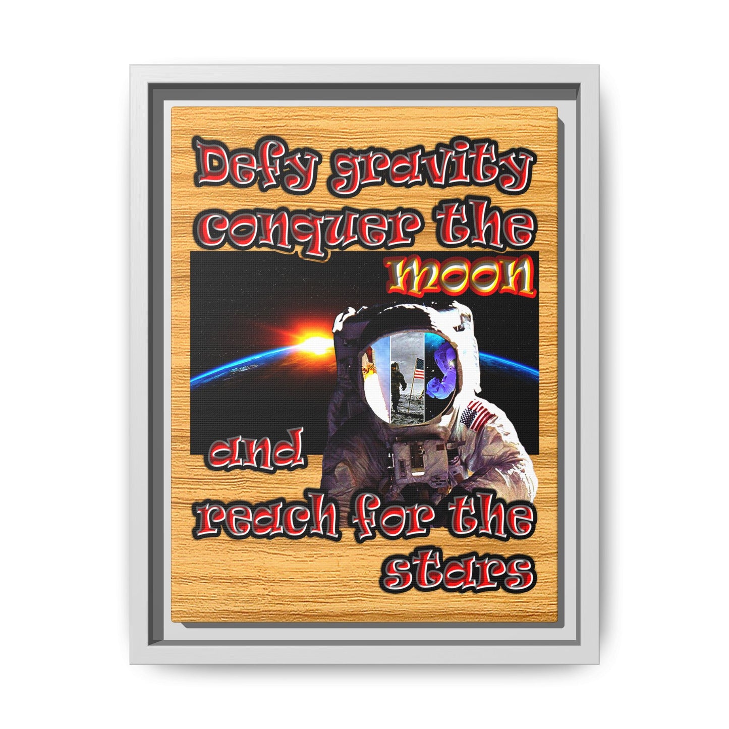 defy conquer reach - framed canvas art (butterscotch wood finish)