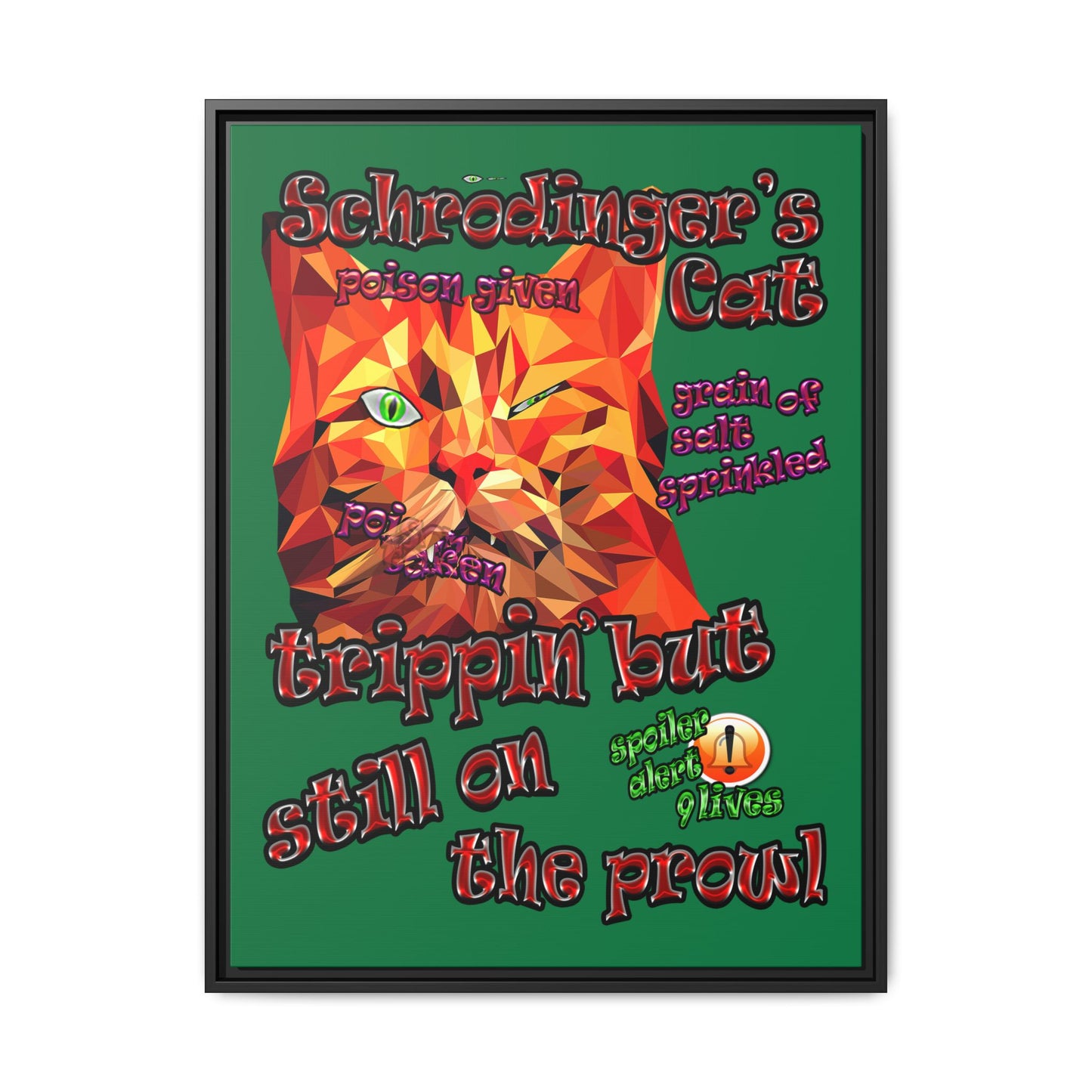 schrodinger's cat - framed canvas art (dark green)