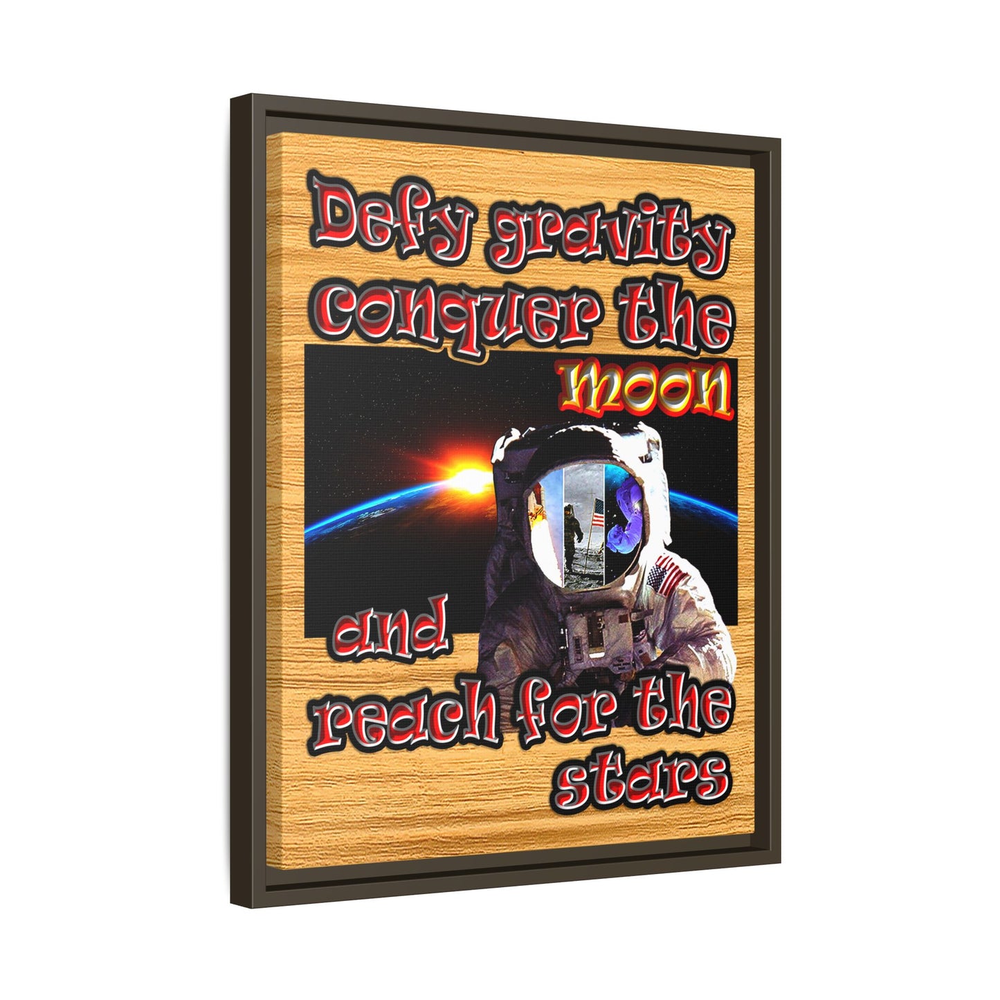 defy conquer reach - framed canvas art (butterscotch wood finish)