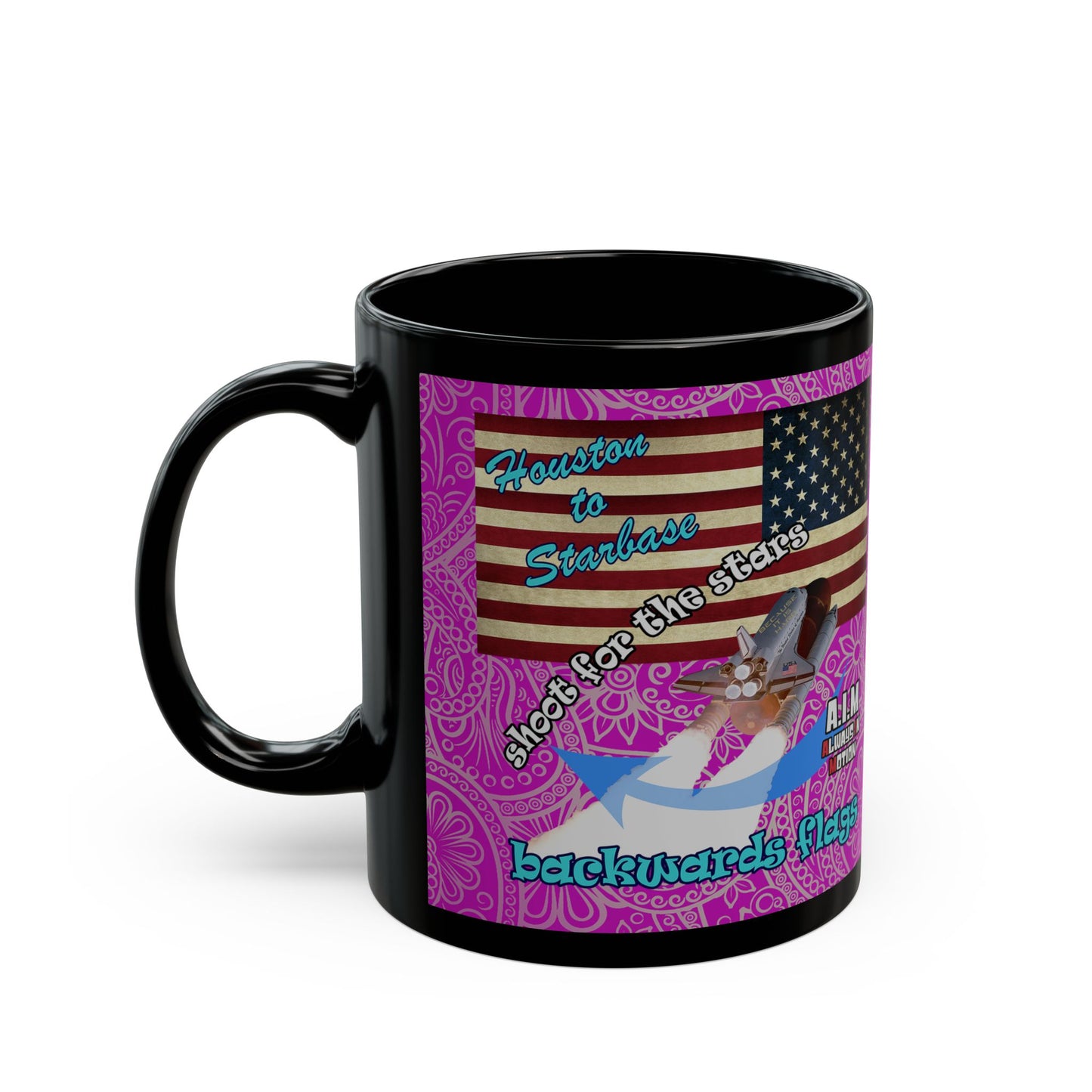 shoot for the stars - Black Mug (pink swirl)