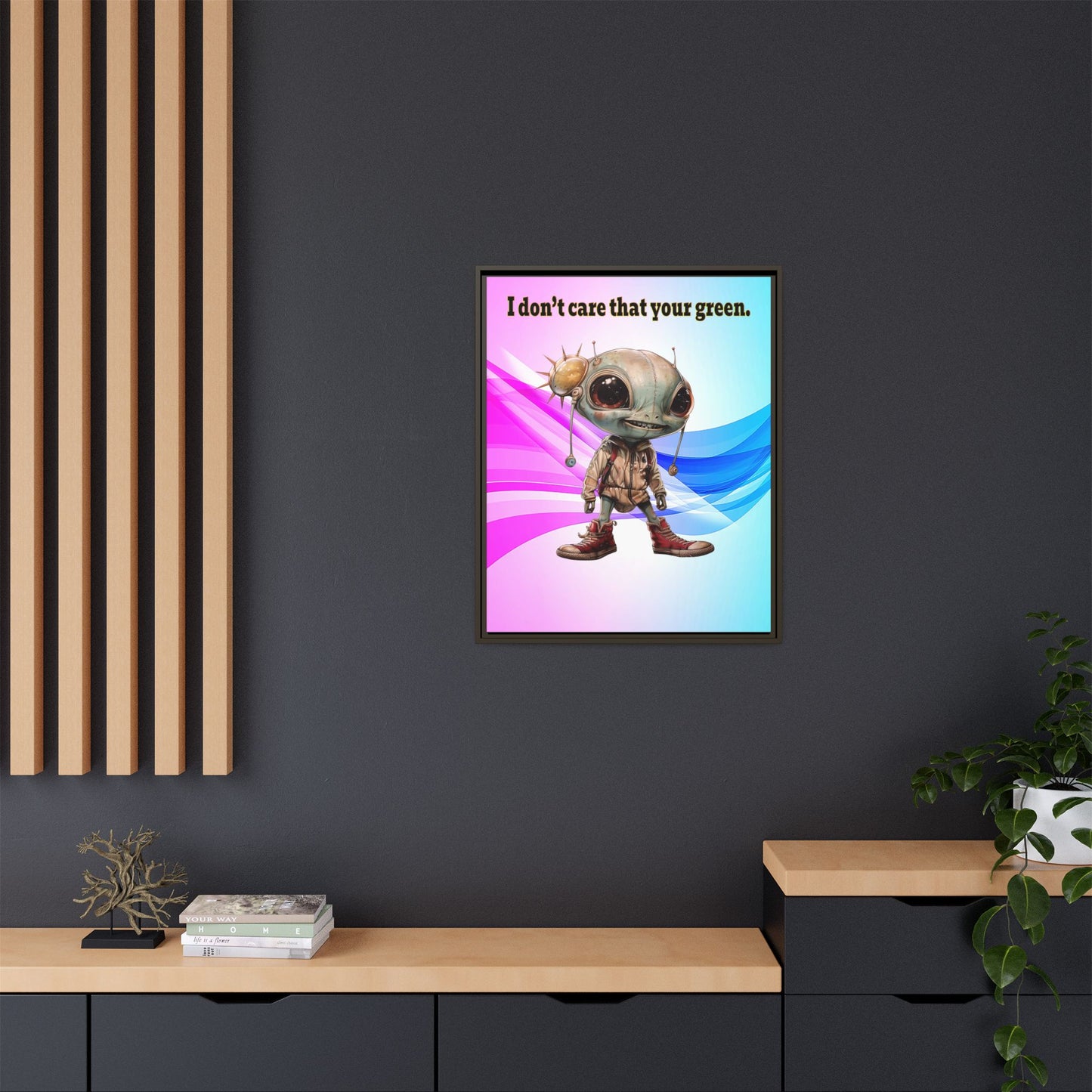I don't care that your green - framed canvas art (light blue-pink wave)
