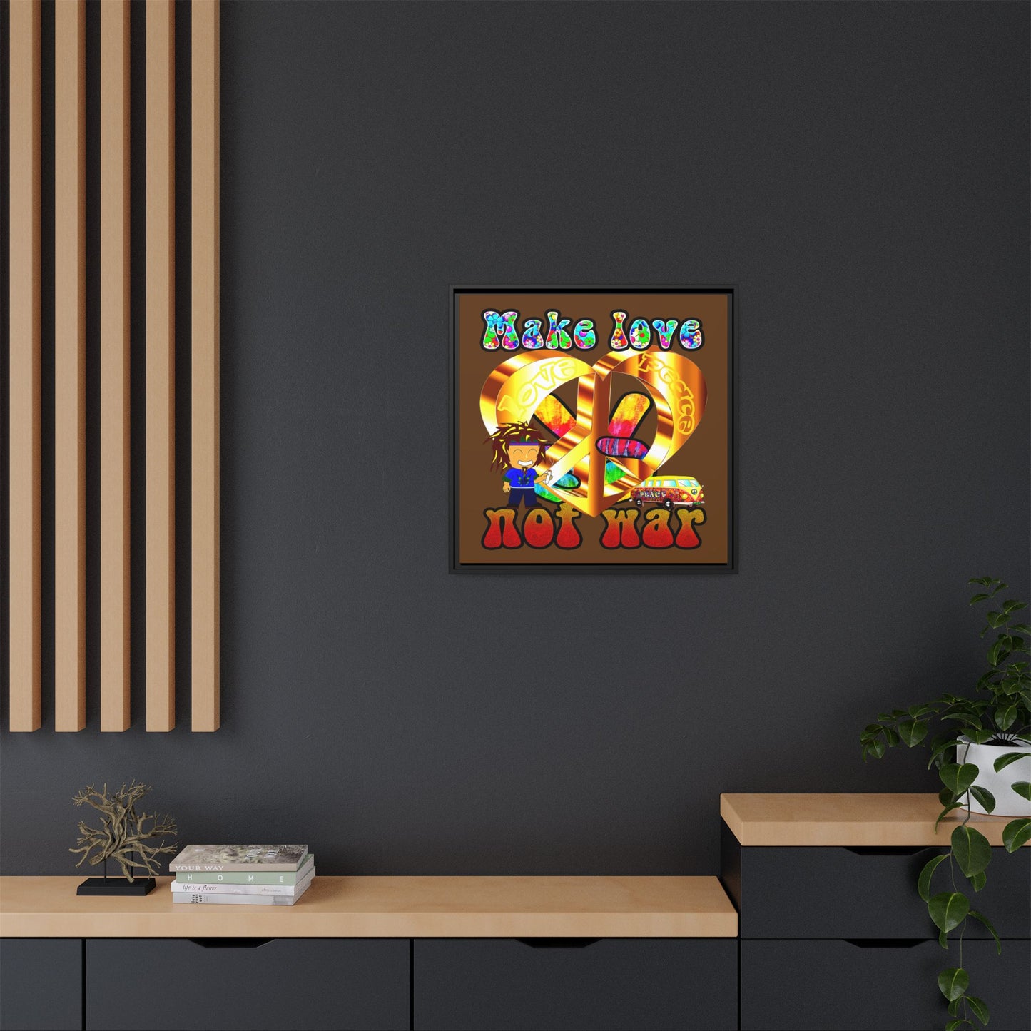love peace - framed canvas art (brown)