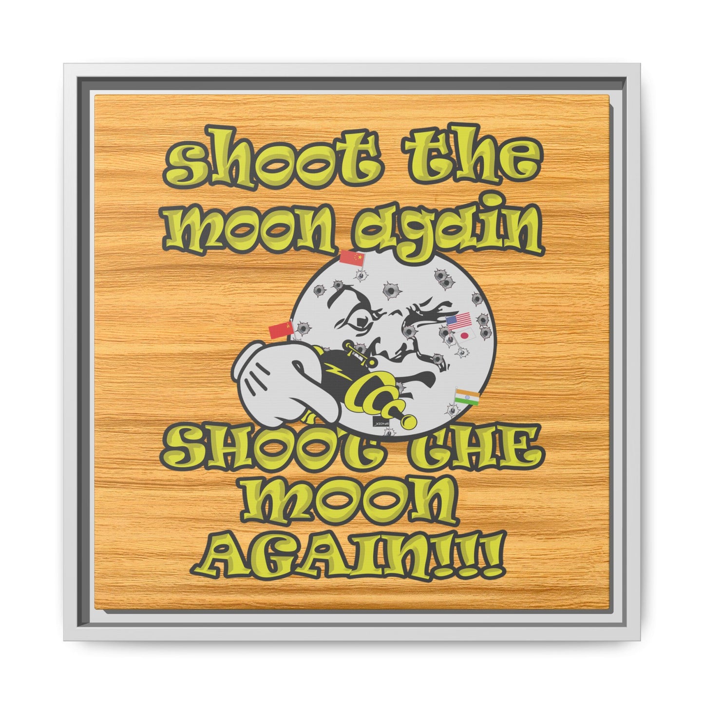 shoot the moon again - framed canvas art (butterscotch wood finish)