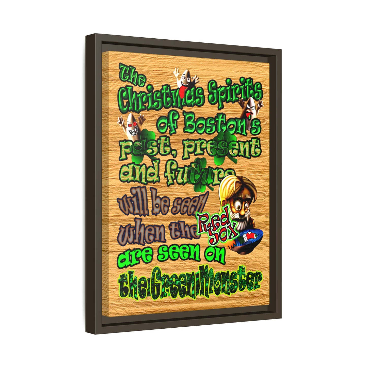 christmas spirits of boston - framed canvas art (butterscotch wood finish)