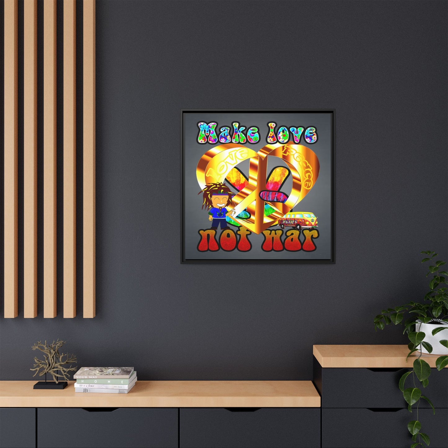 love peace - framed canvas art (grey-light grey)