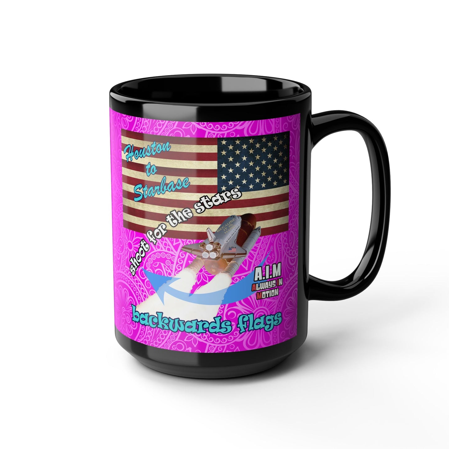 shoot for the stars - Black Mug (pink swirl)