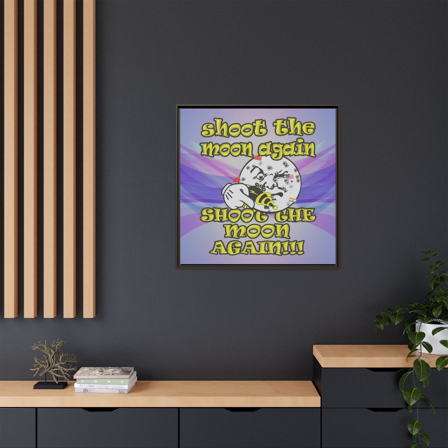 shoot the moon again - framed canvas art (light blue-pink wave)