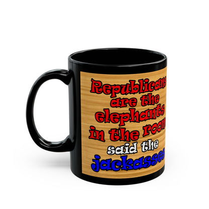 donkeys and elephants - Black Mug (butterscotch wood finish)