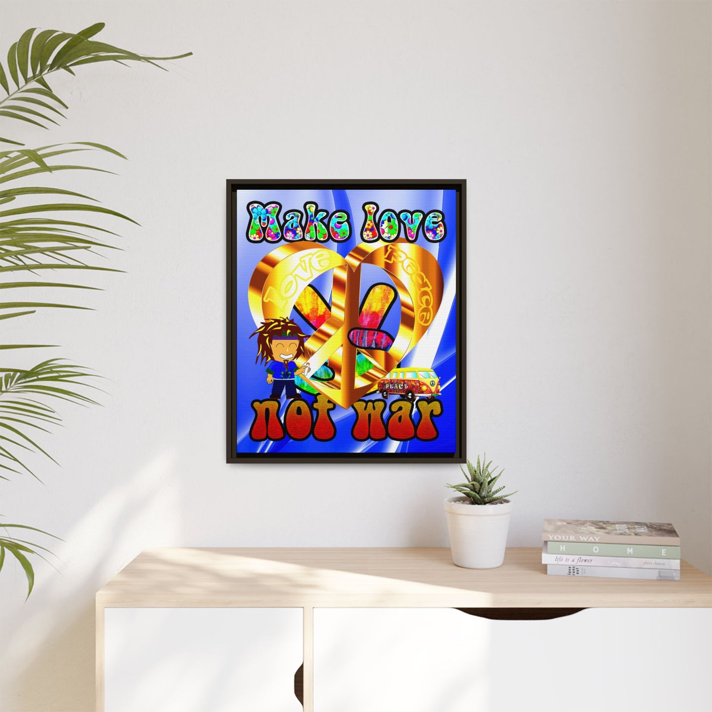 love peace - framed canvas art (blue-white wave)