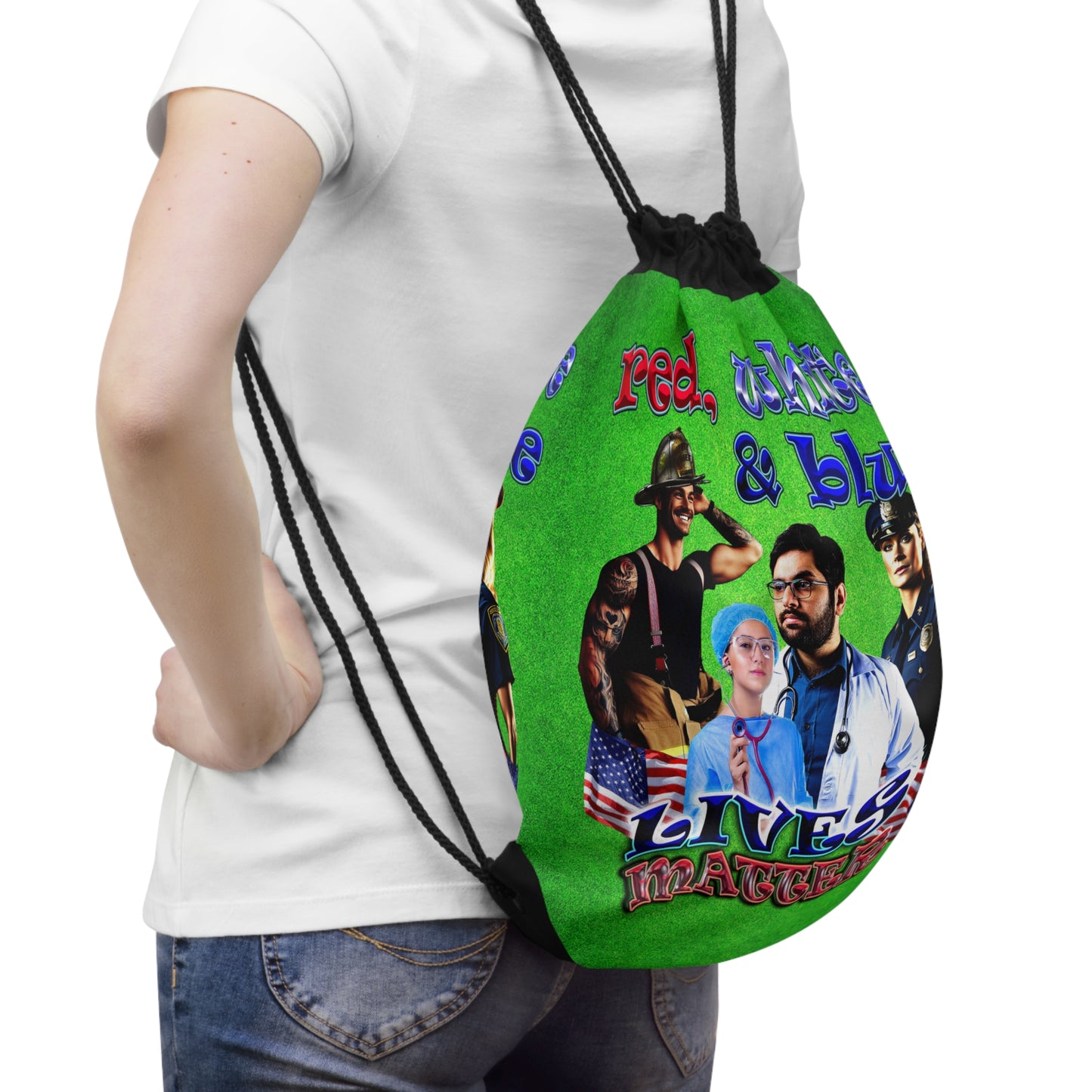 rw&b lives matter - Drawstring Bag (green turf)