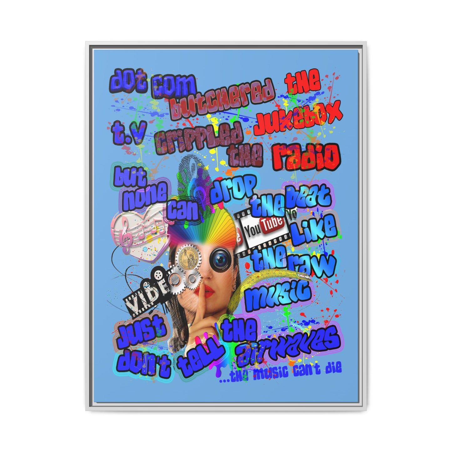 drop the beat - framed canvas art (light blue)