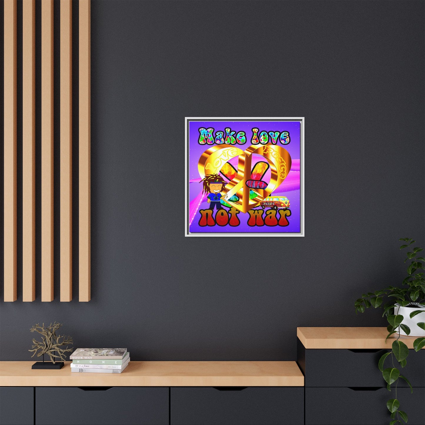 love peace - framed canvas art (purple-pink wave)