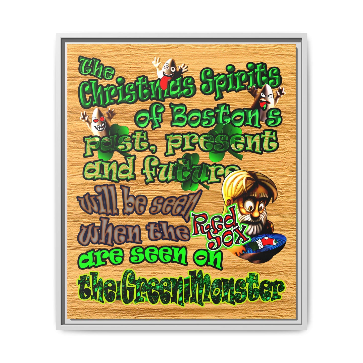christmas spirits of boston - framed canvas art (butterscotch wood finish)