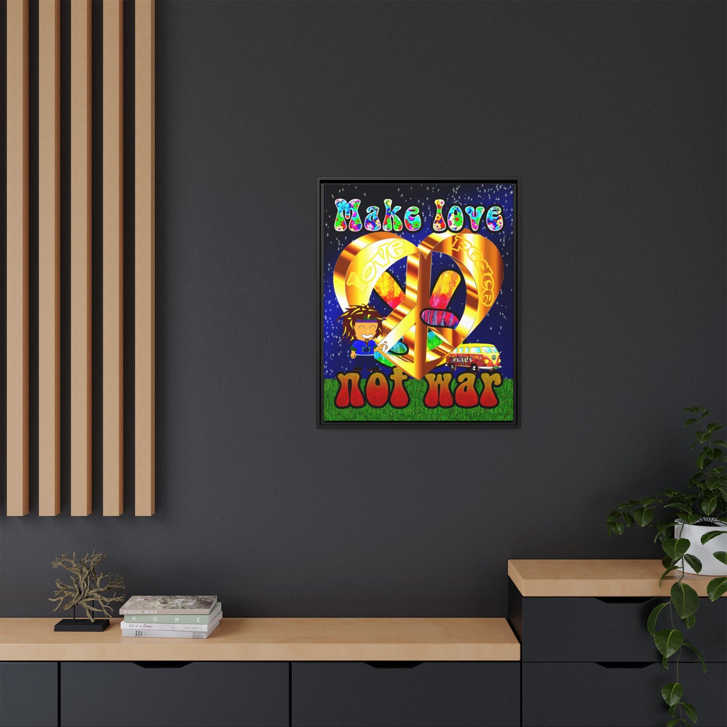 love peace - framed canvas art ('snoops' background)