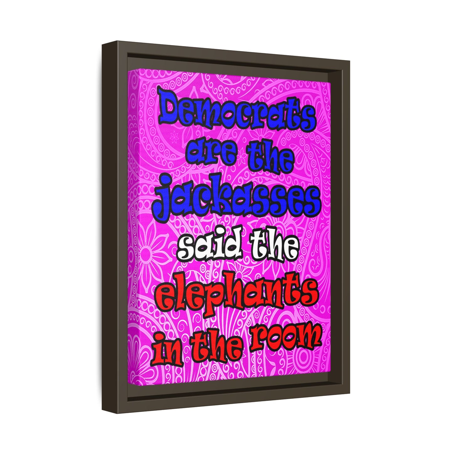 donkeys and elephants - framed canvas art (pink swirl)