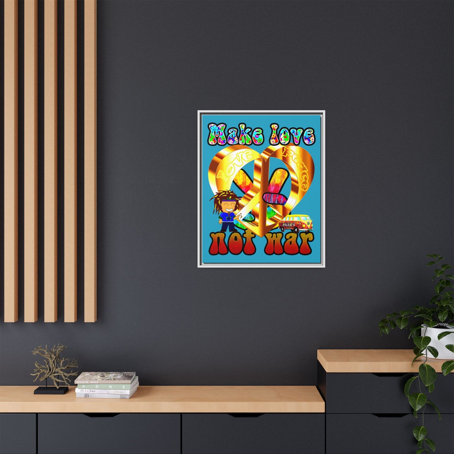 love peace - framed canvas art (turquoise)