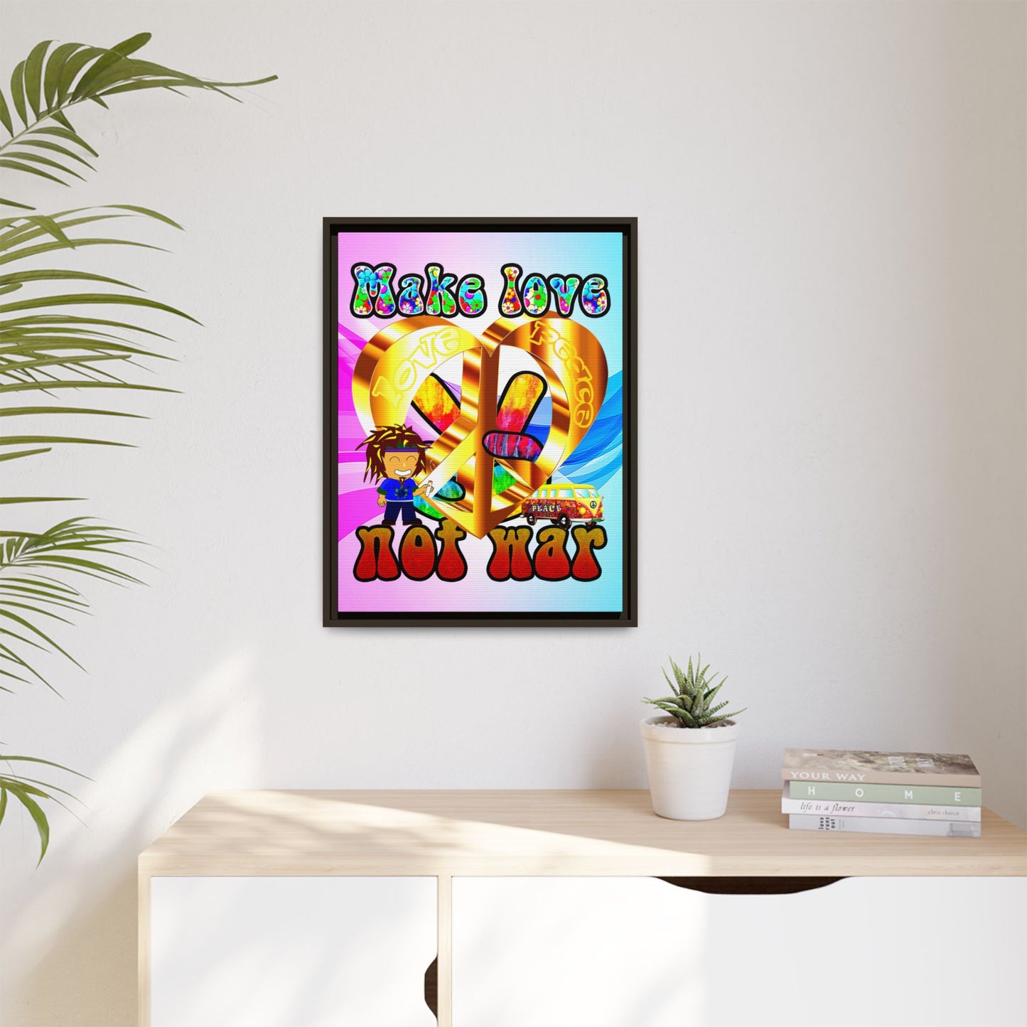 love peace - framed canvas art (light blue-pink wave)