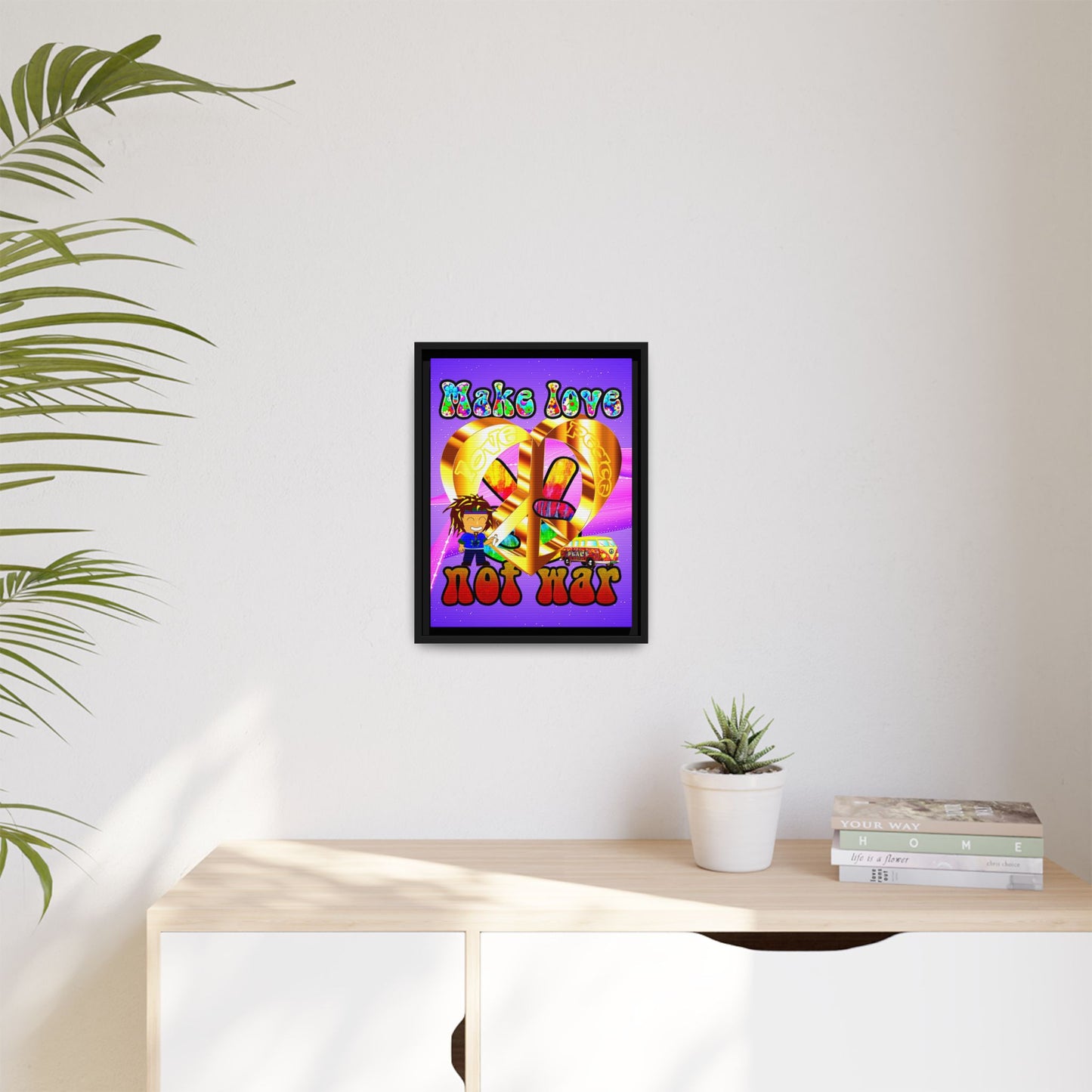 love peace - framed canvas art (purple-pink wave)