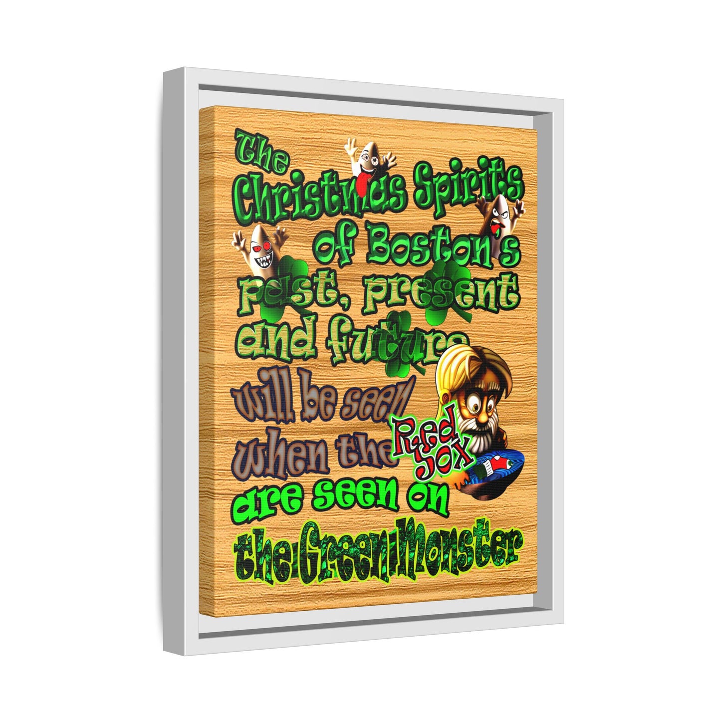 christmas spirits of boston - framed canvas art (butterscotch wood finish)