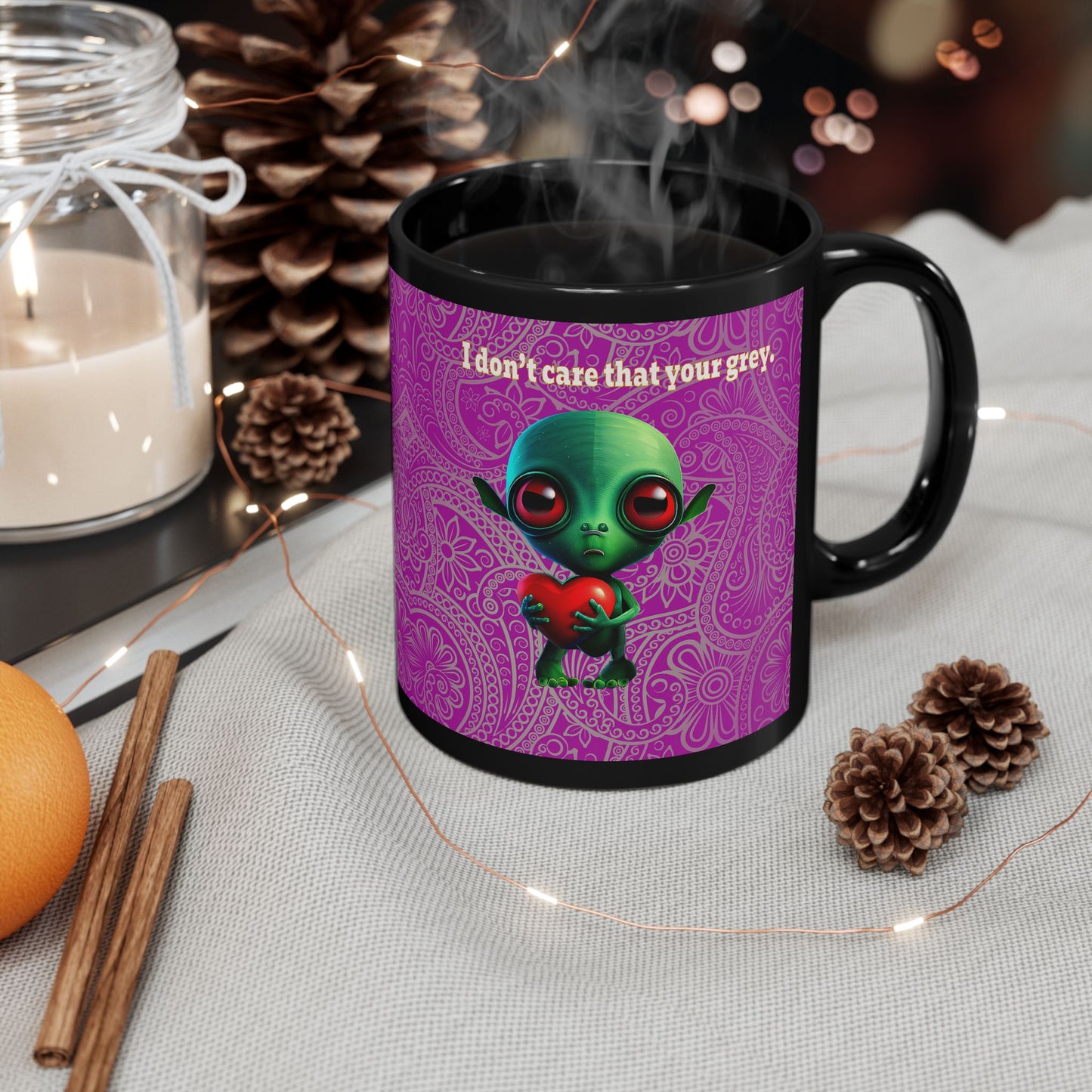 I don't care that your grey - Black Mug (pink swirl)