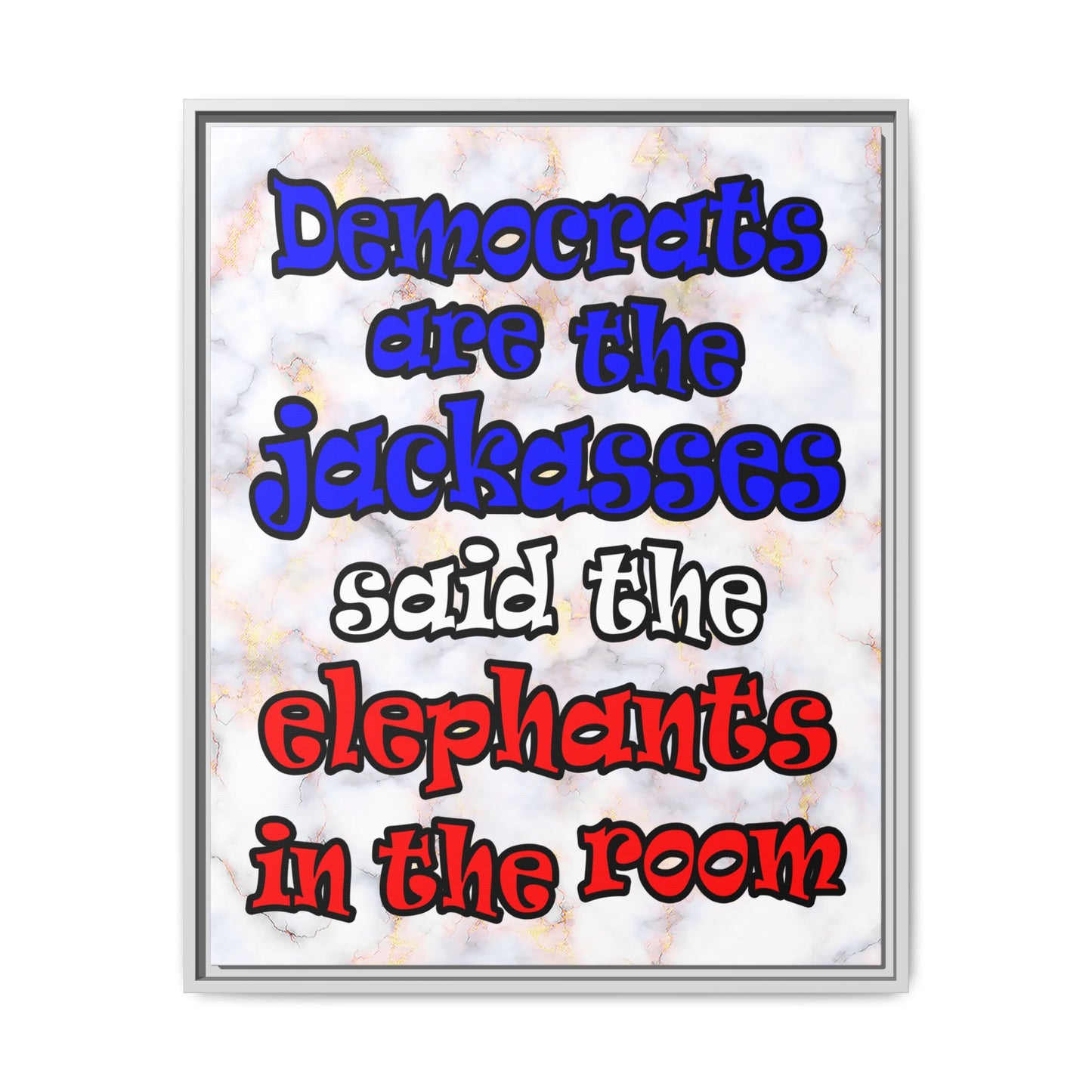 donkeys and elephants - framed canvas art (white marble)