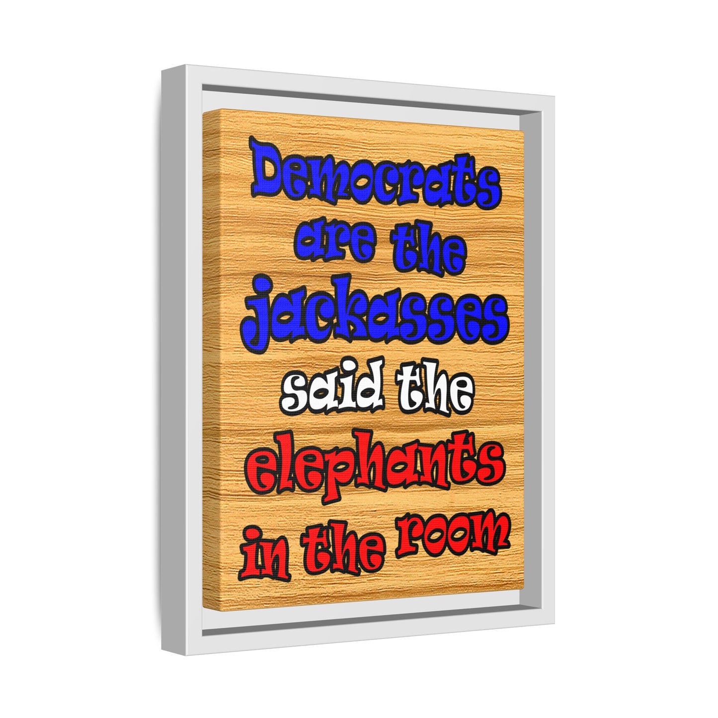 donkeys and elephants - framed canvas art (butterscotch wood finish)