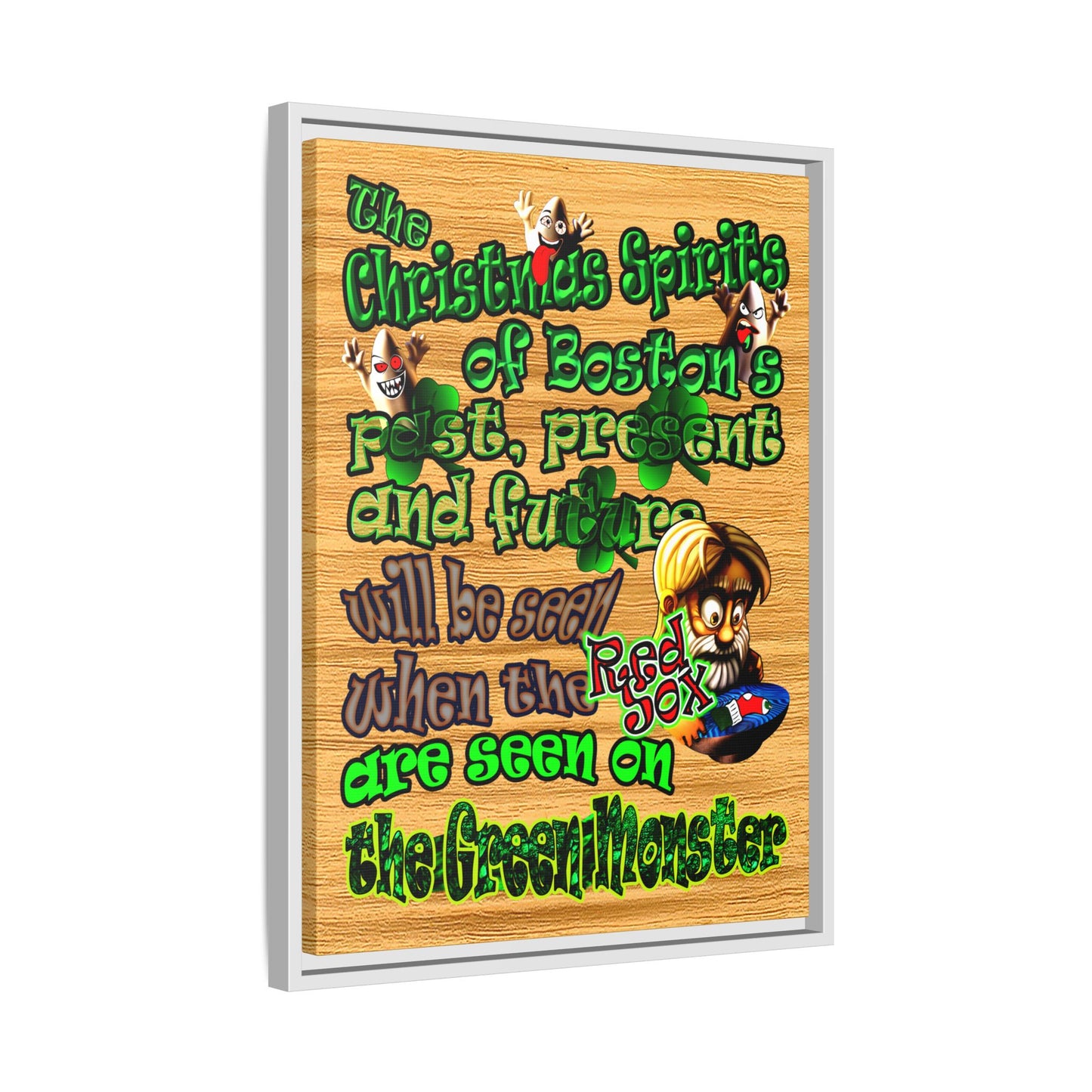 christmas spirits of boston - framed canvas art (butterscotch wood finish)