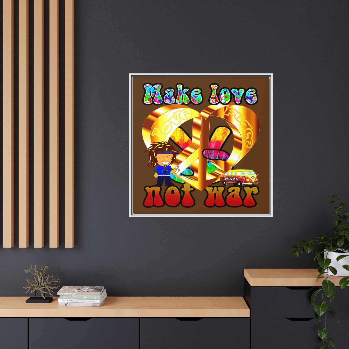 love peace - framed canvas art (brown)