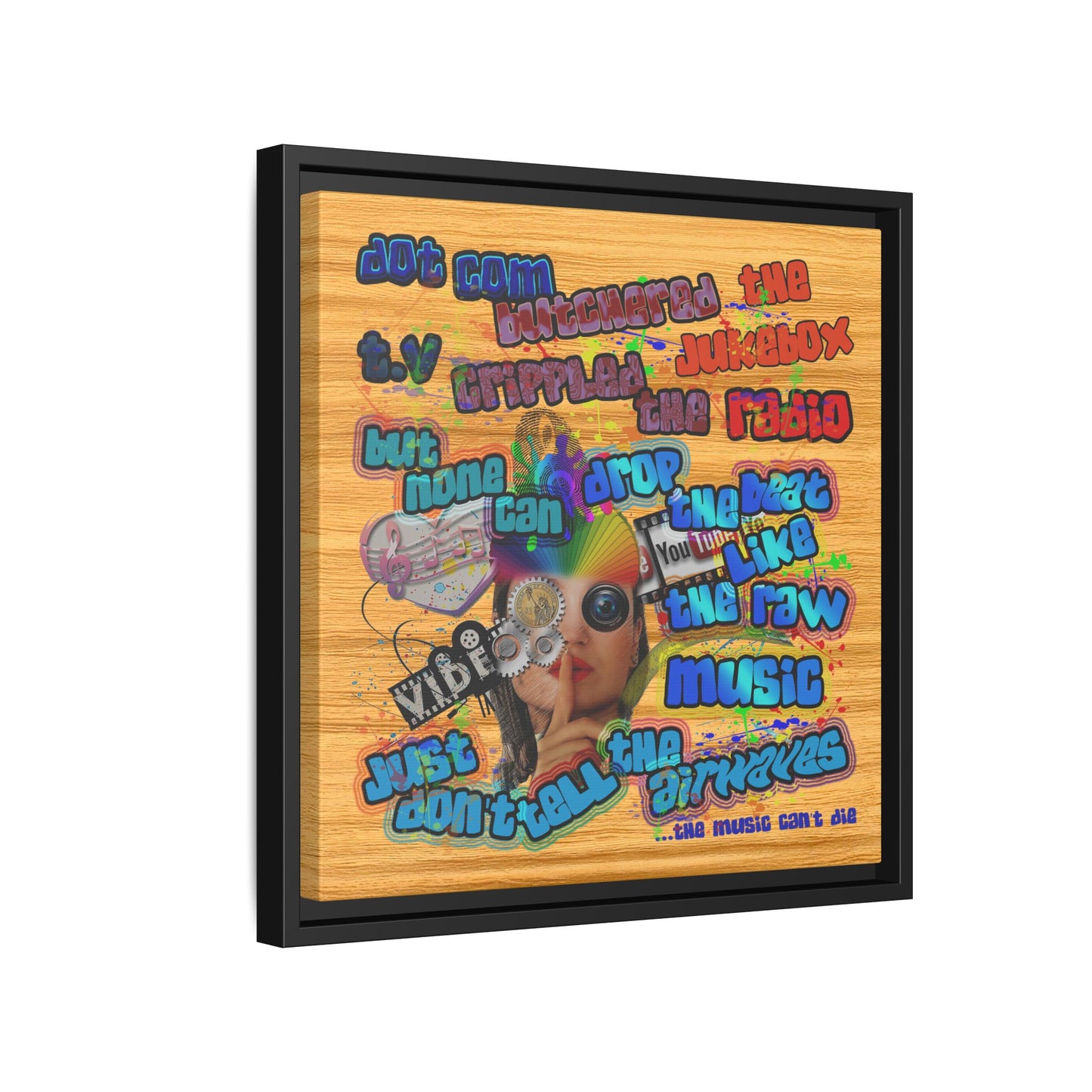 drop the beat - framed canvas art (butterscotch wood finish)