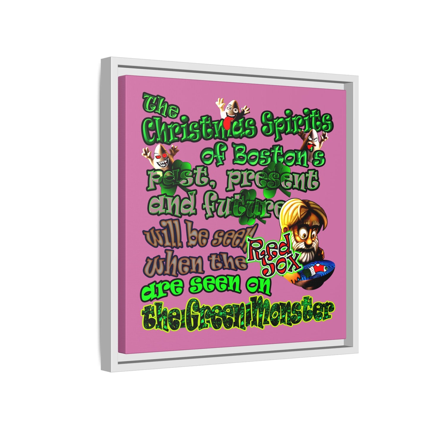 christmas spirits of boston - framed canvas art (light pink)