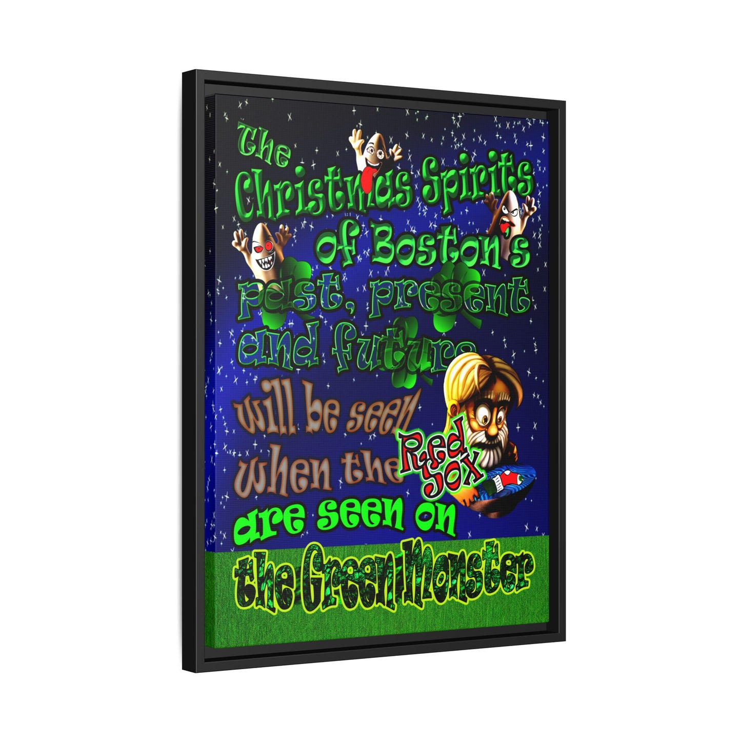 christmas spirits of boston - framed canvas art ('snoops' background)