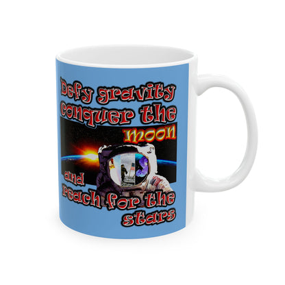defy conquer reach - White Mug (light blue)