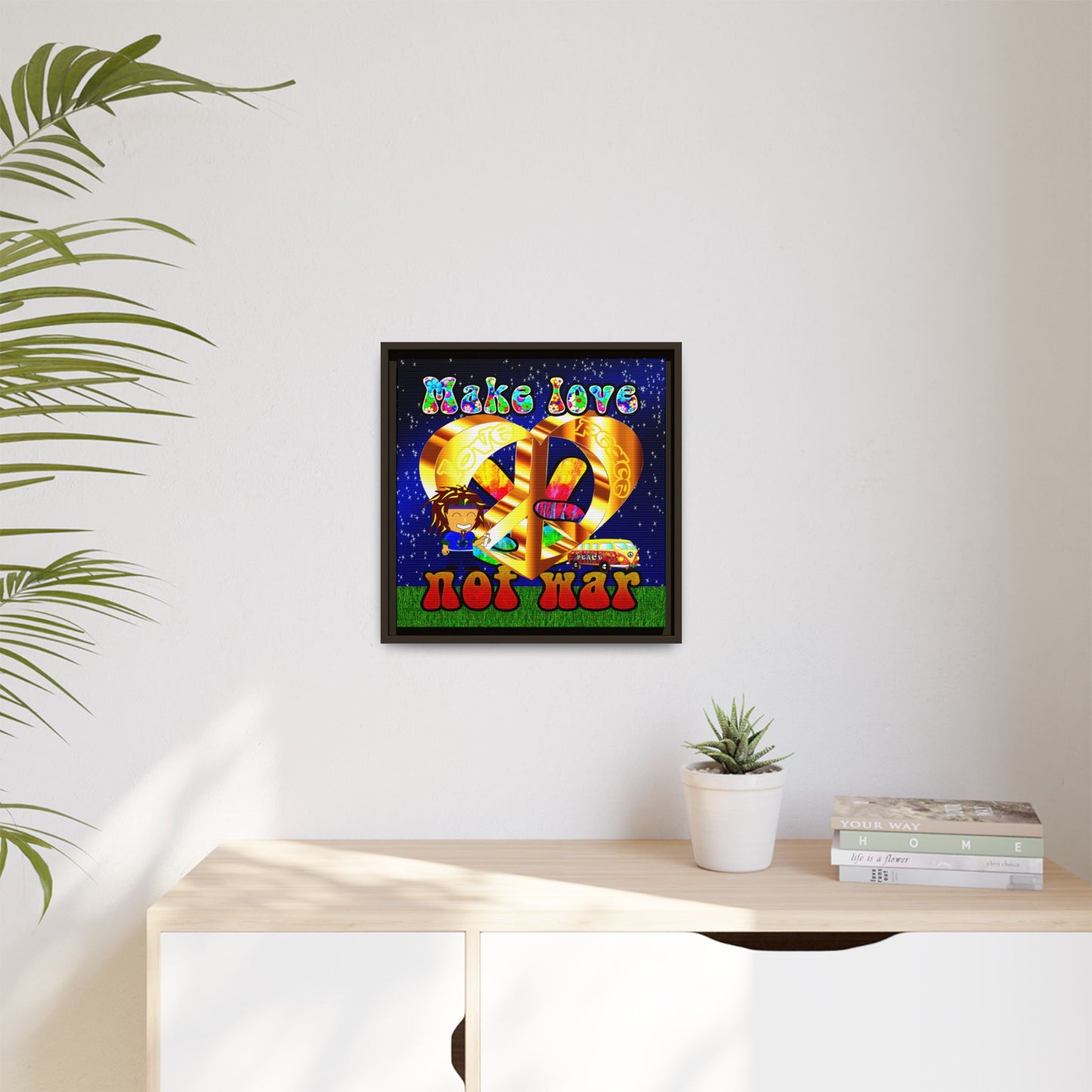 love peace - framed canvas art ('snoops' background)