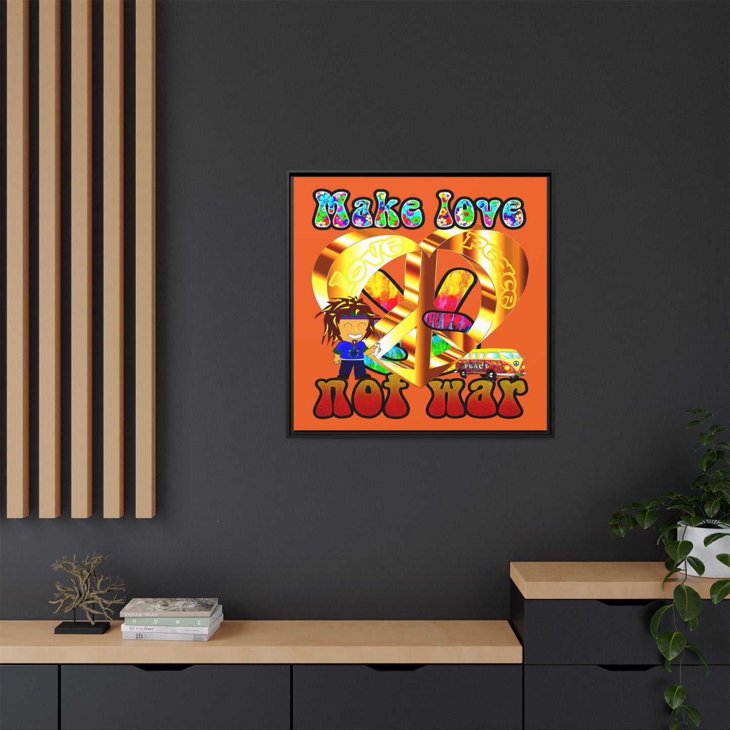 love peace - framed canvas art (orange)