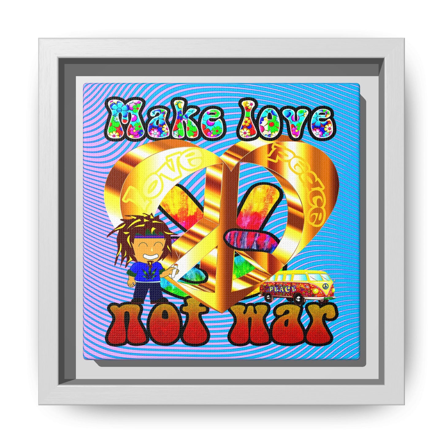 love peace - framed canvas art (light blue-purple wave)