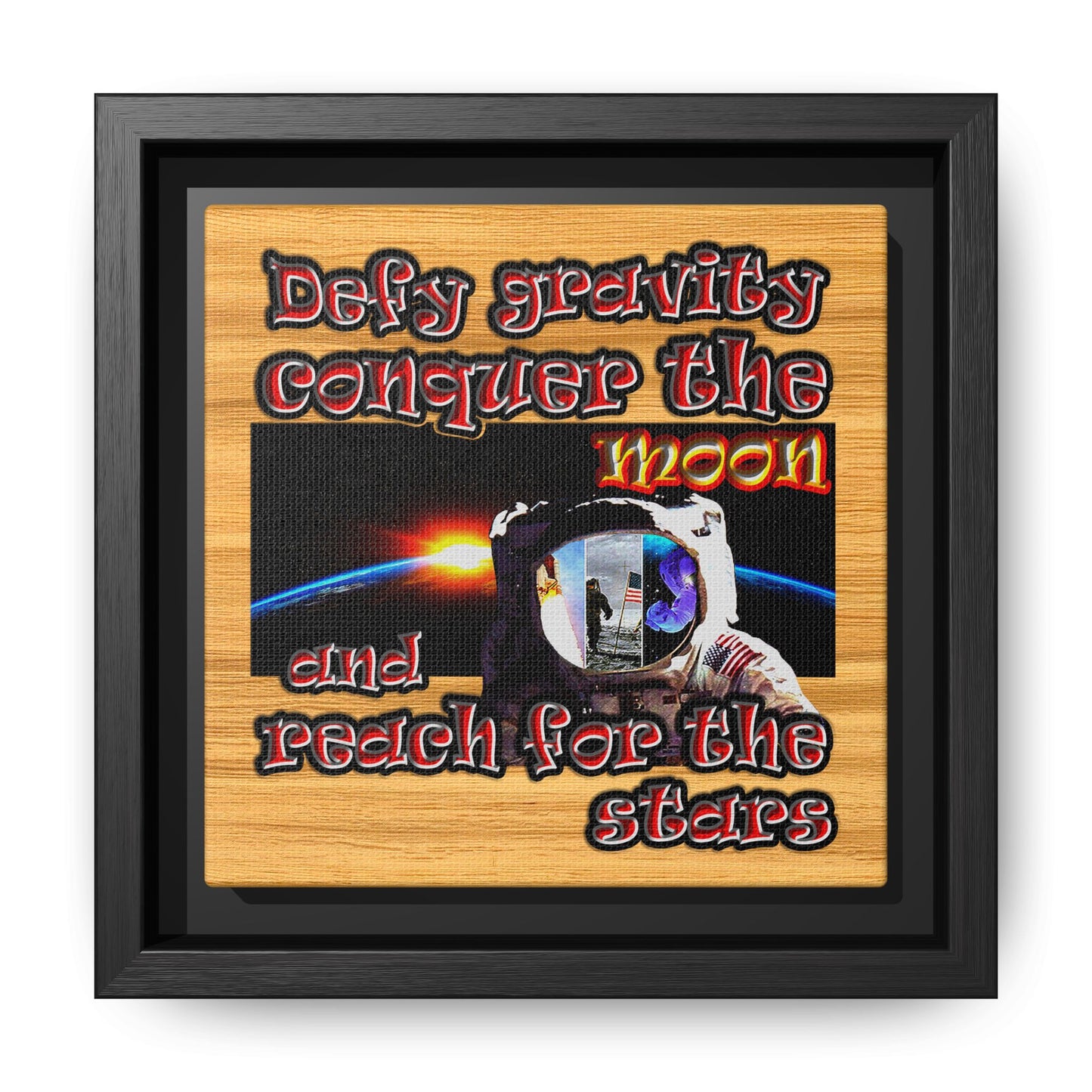 defy conquer reach - framed canvas art (butterscotch wood finish)