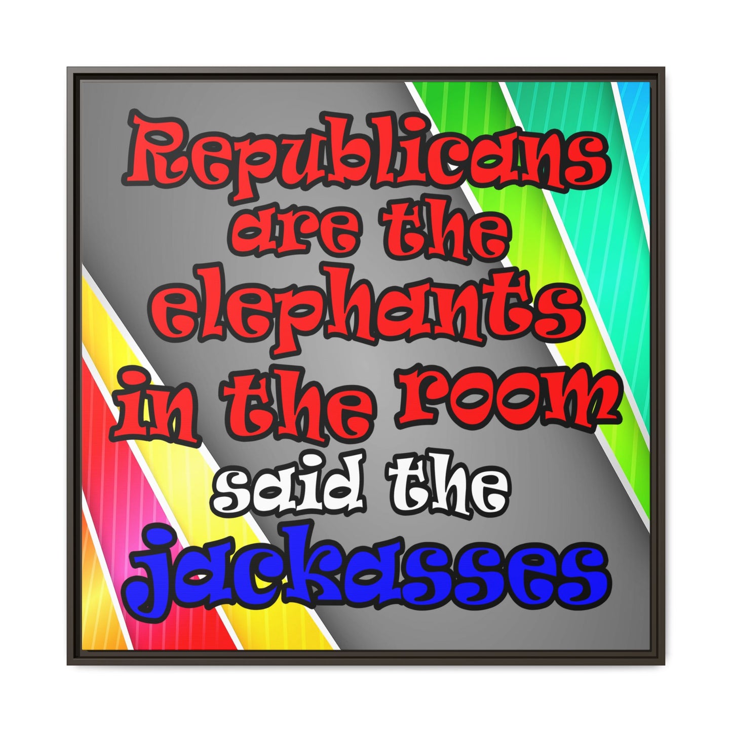 donkeys and elephants - framed canvas art (rainbow split)