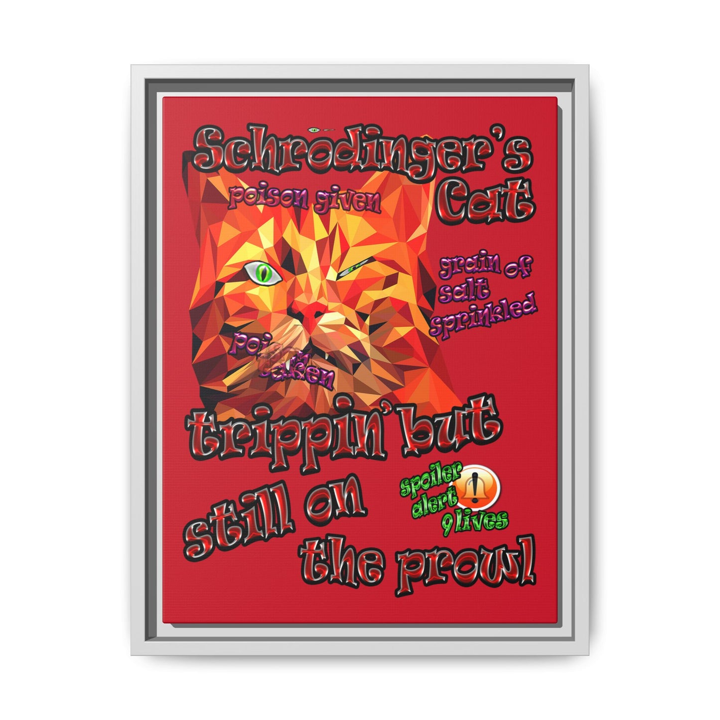 schrodinger's cat - framed canvas art (dark red)