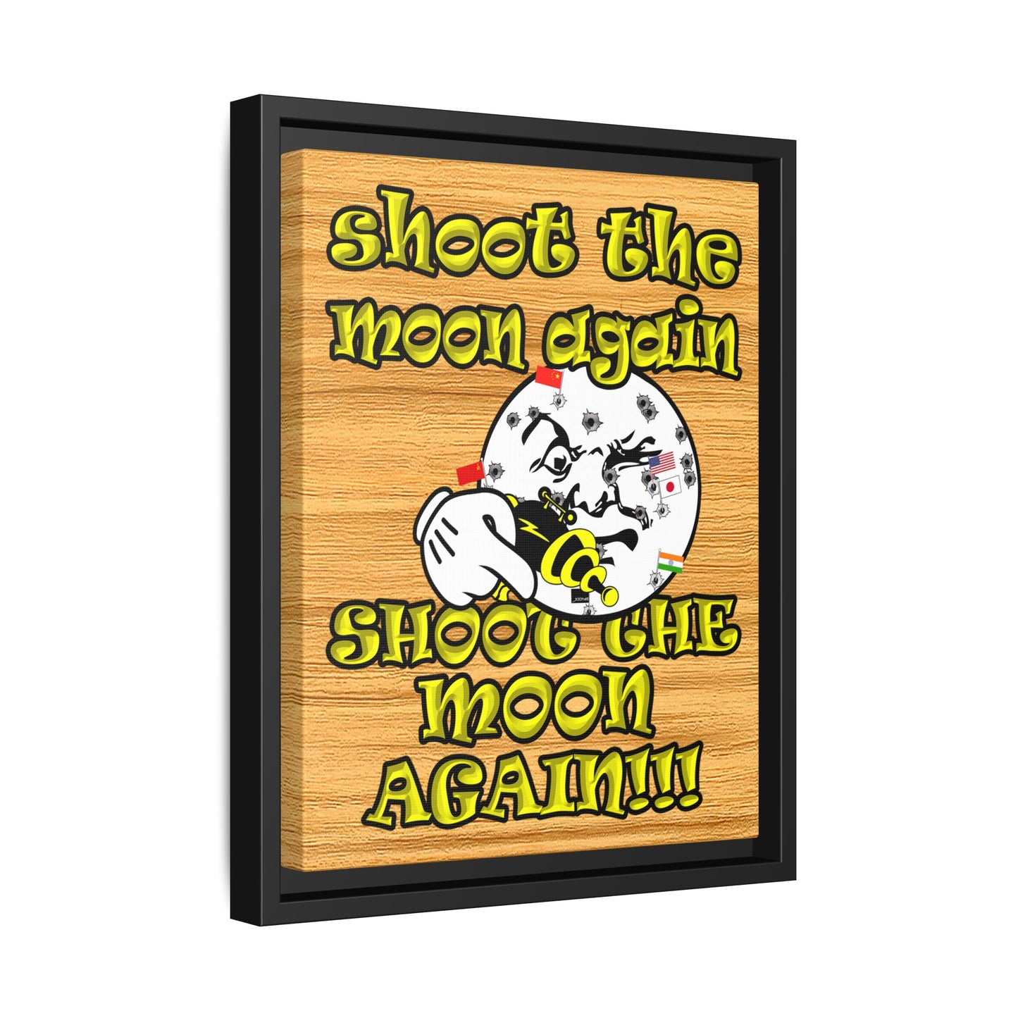 shoot the moon again - framed canvas art (butterscotch wood finish)