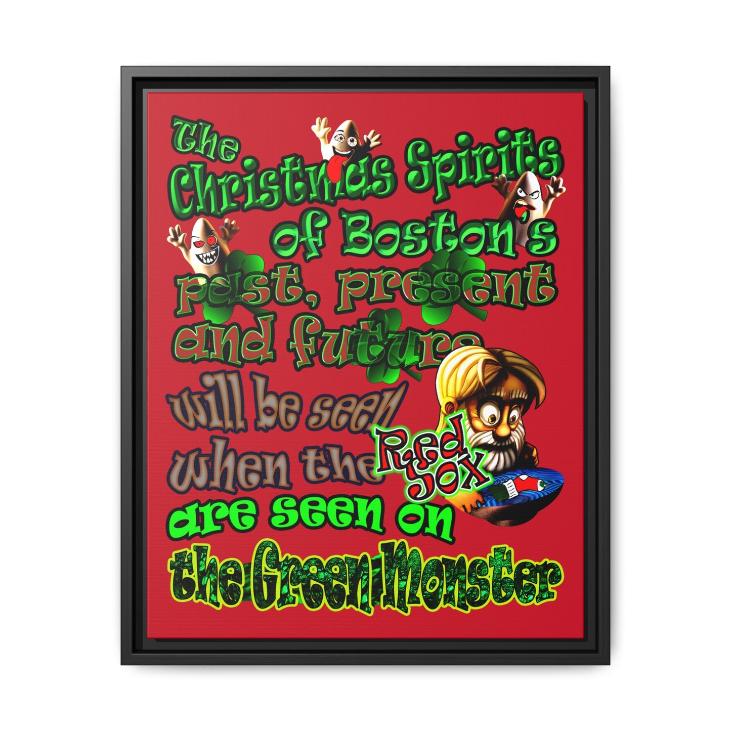 christmas spirits of boston - framed canvas art (dark red)