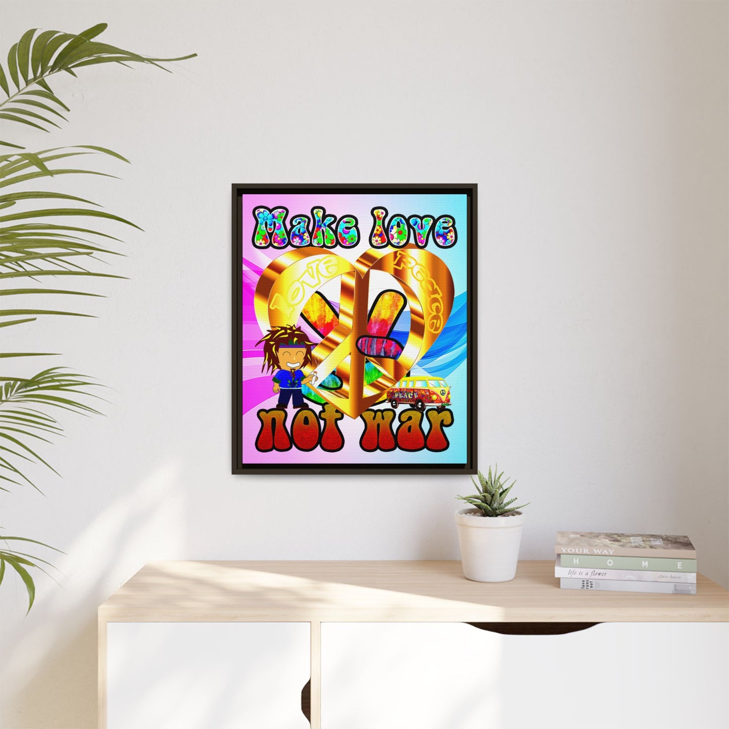 love peace - framed canvas art (light blue-pink wave)