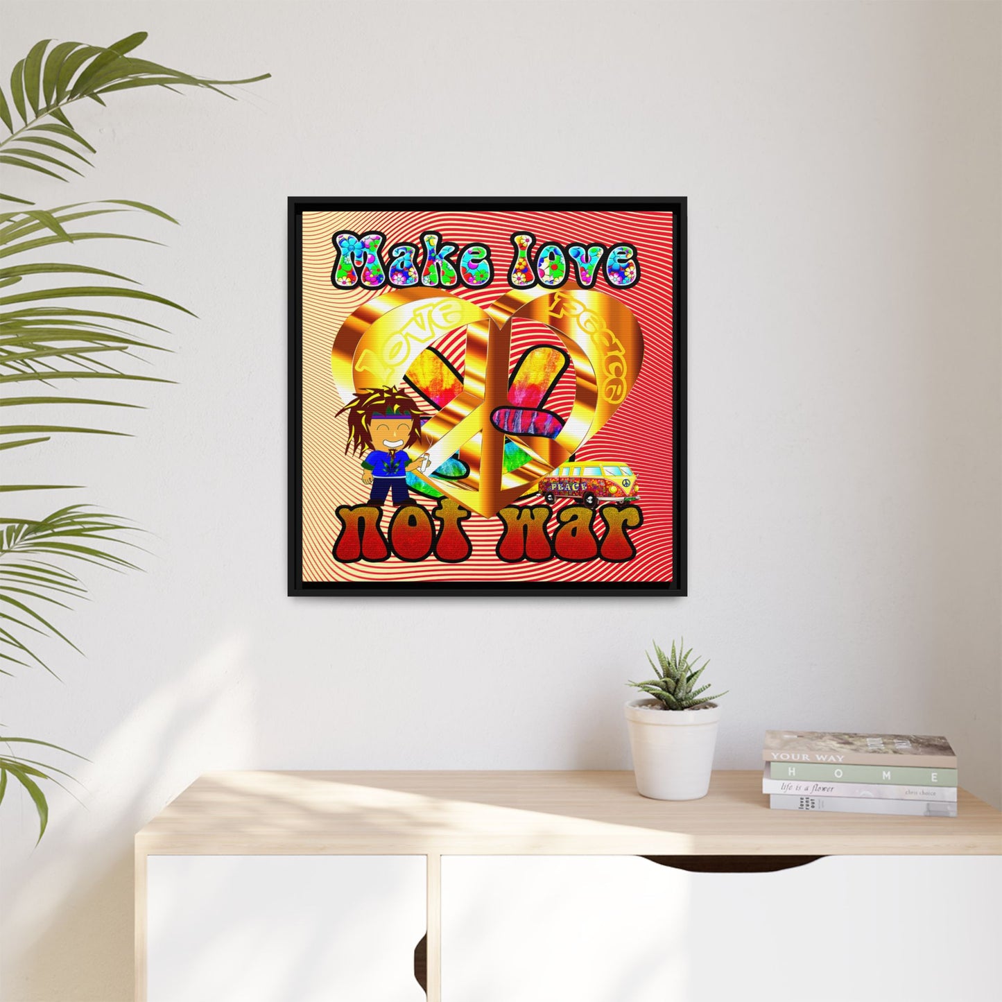 love peace - framed canvas art (yellow-orange wave)