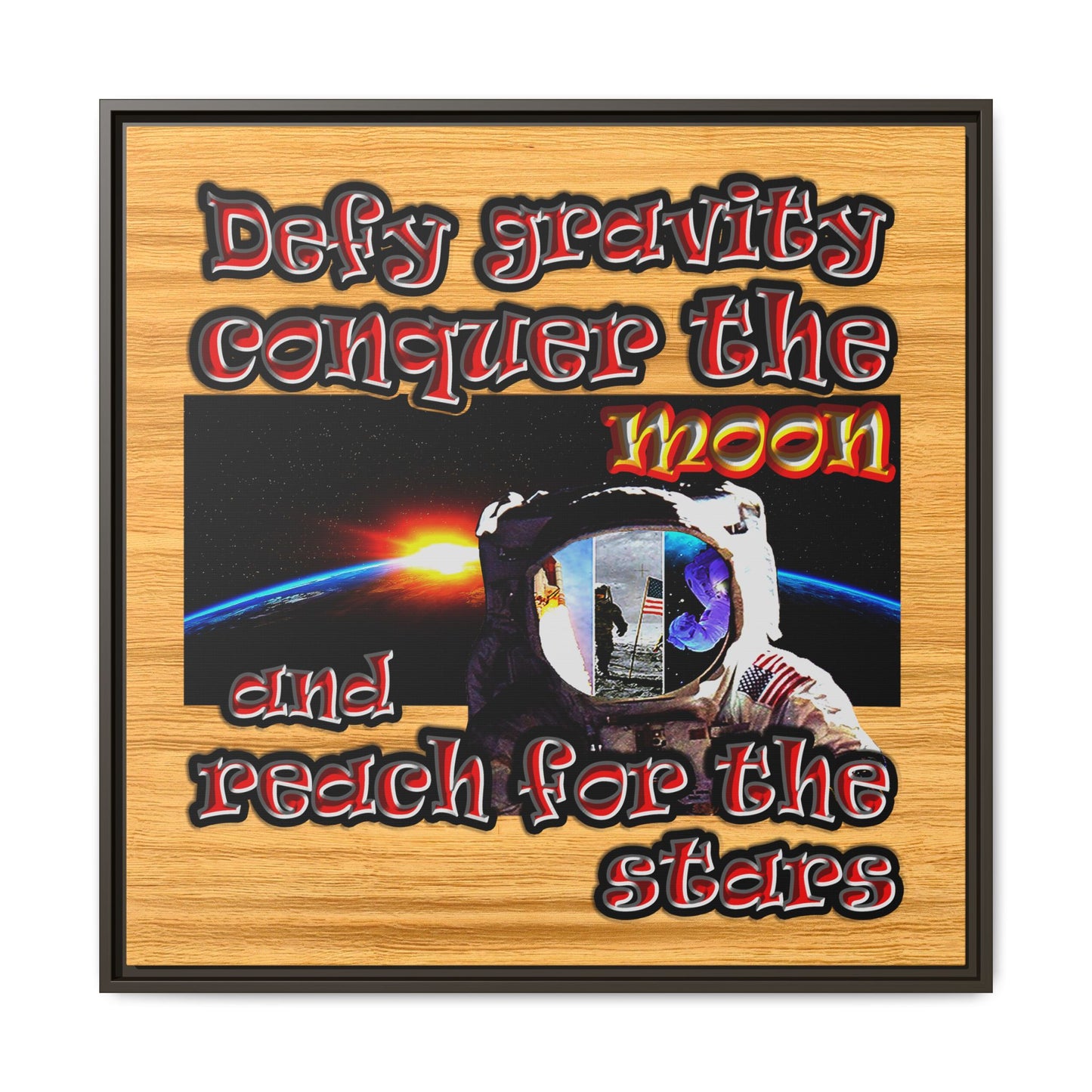 defy conquer reach - framed canvas art (butterscotch wood finish)